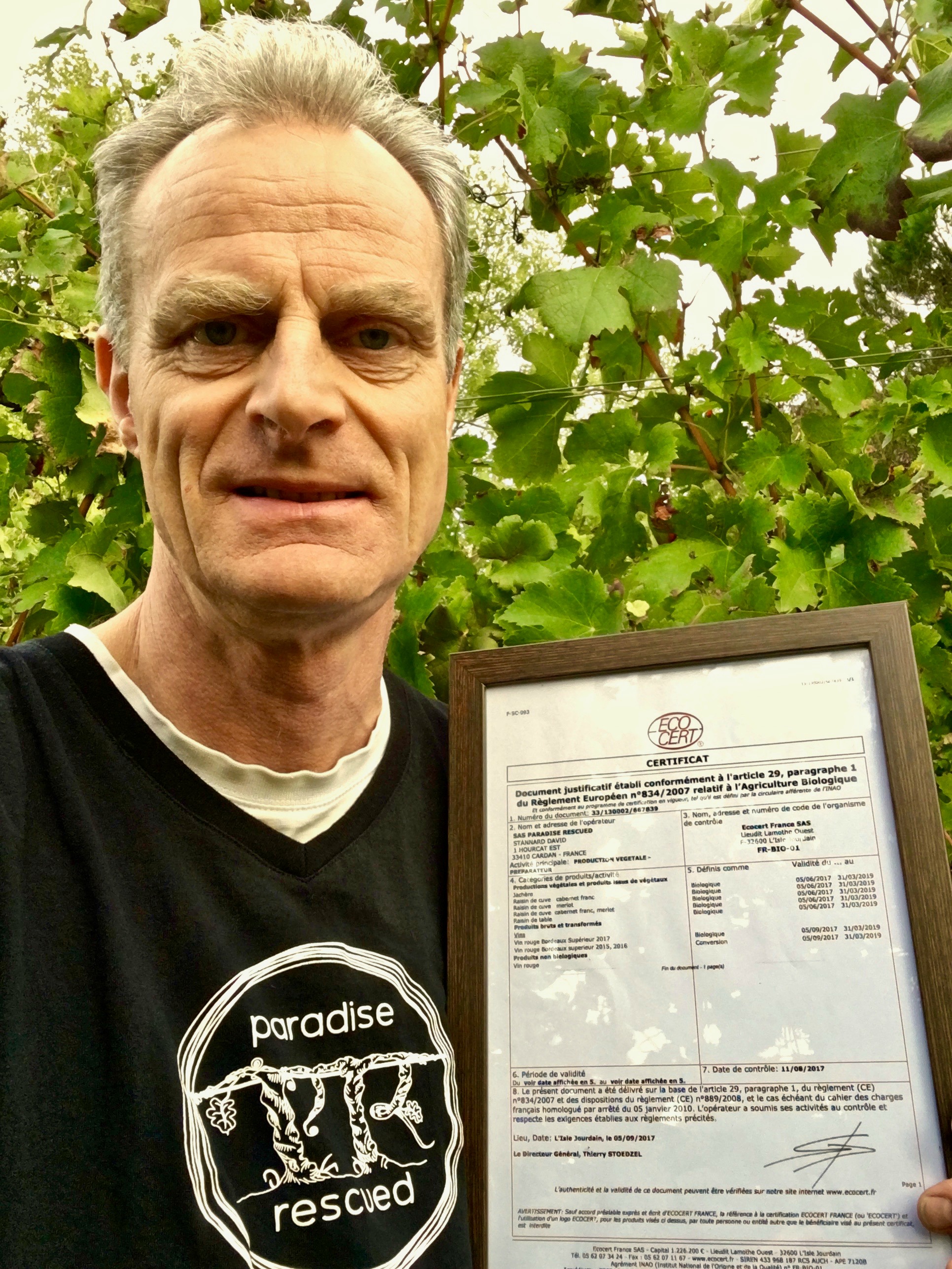 Paradise Rescued Founder Director David Stannard with their Organic Certification.