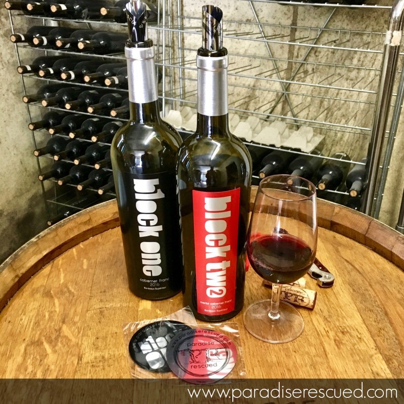 Paradise Rescued B1ockOne and BlockTwo wines on sale at the winery door Cardan Bordeaux